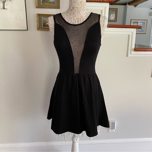 FOR LOVE & LEMONS Black Deep Vneck Black Mesh Skater Dress XS - Picture 2 of 8